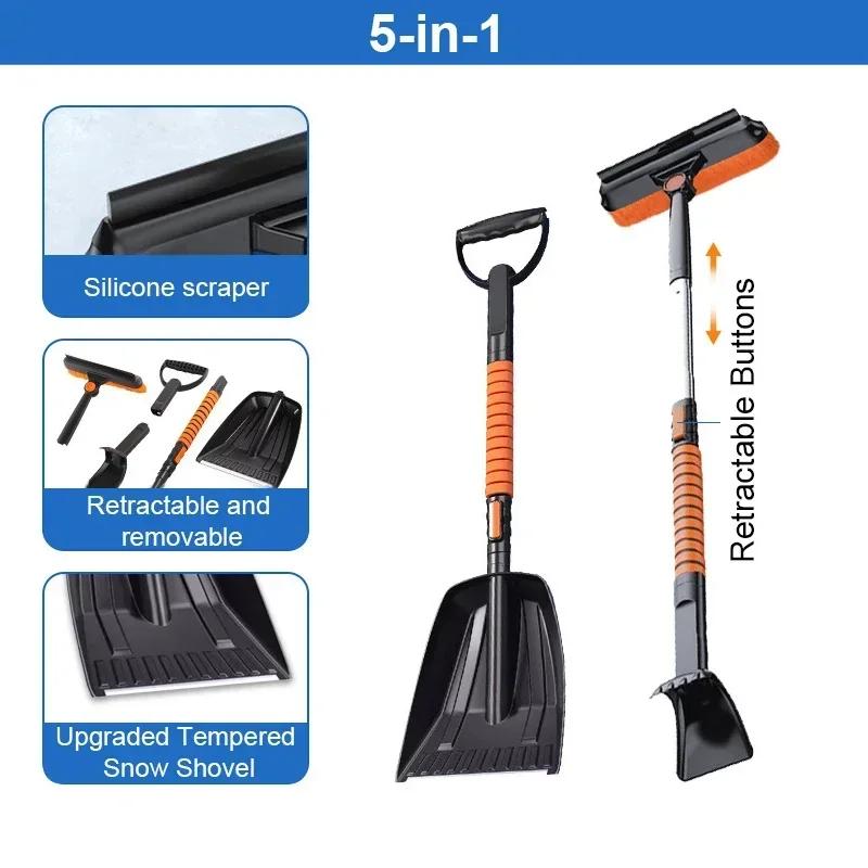 Car Retractable Ice Removing Brush Shovel 3 In 1/5 In 1 Winter Snow Scraper Cleaning Accessory