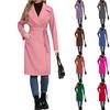 Women's Casual Fashion Solid Color Long-sleeved V-neck Tie Long Woolen Coat
