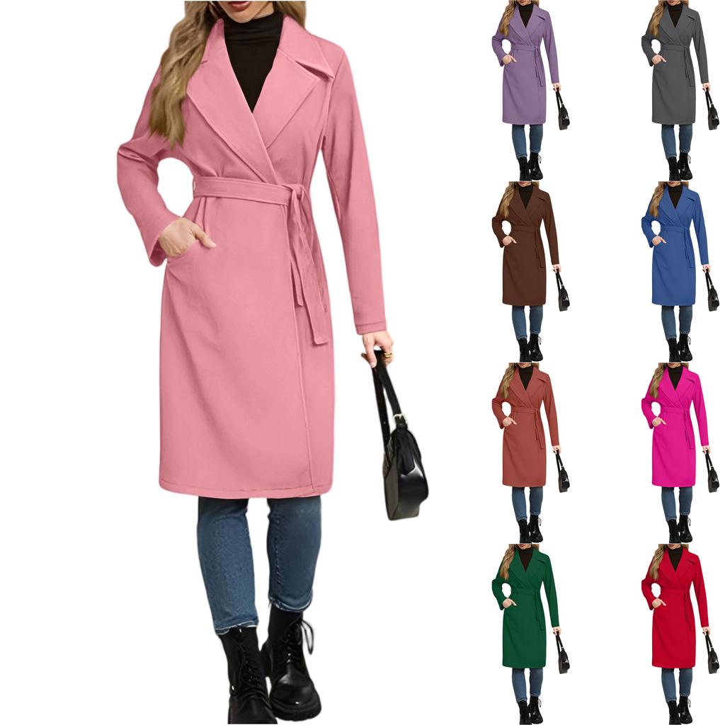 Women's Casual Fashion Solid Color Long-sleeved V-neck Tie Long Woolen Coat