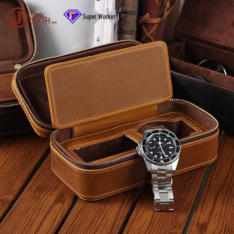 Vintage Crazy Horse Leather Travel Watch Box - Genuine Leather Zippered Storage for Single Watch