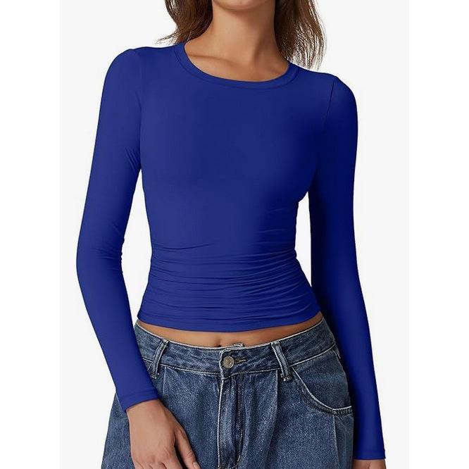 European & American Long Sleeve Round Neck Milk Silk Pullover Tops for Women