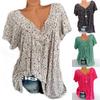 Women Summer V-neck Top T-shirt Printed Short-sleeved Loose Plus Size Casual