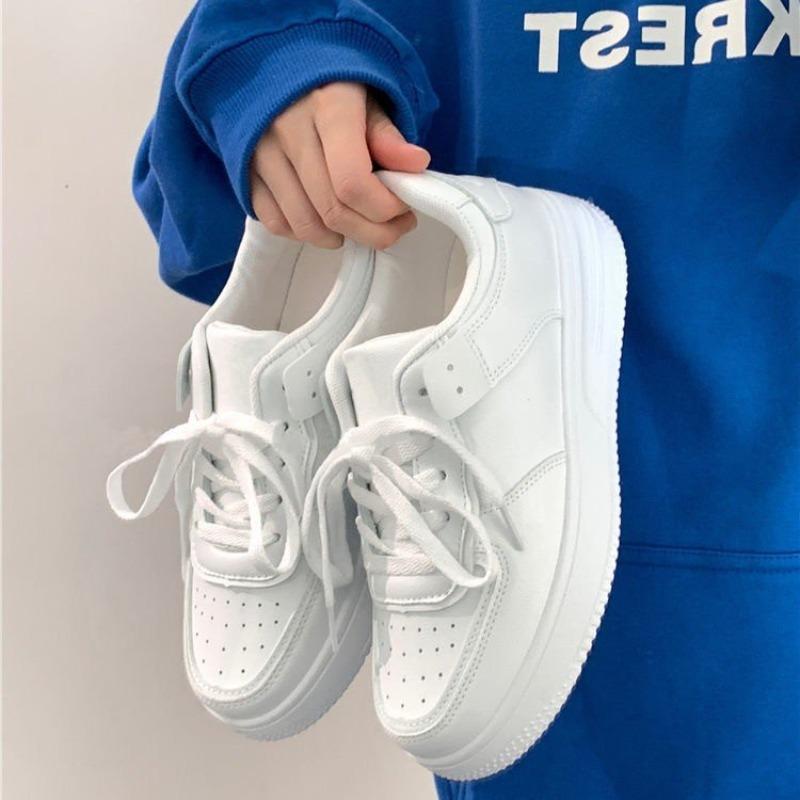 Platform White Shoes Spring and Summer New Student Lace-up Sports Shoes Round Head Pure White Board Shoes