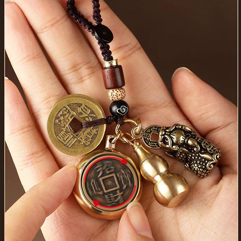 Pixiu Cinnabar Brass Keychain with Zodiac and Five Emperors Coins Pendant