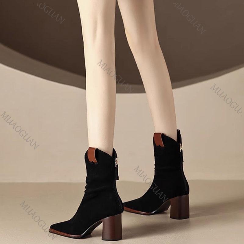 Fashion Autumn New Pleated Stacked Ankle Boots Pointed Toe Thick High Heels Suede V-Mouth Fashion Women's Shoe Solid Chelsea Short Botas