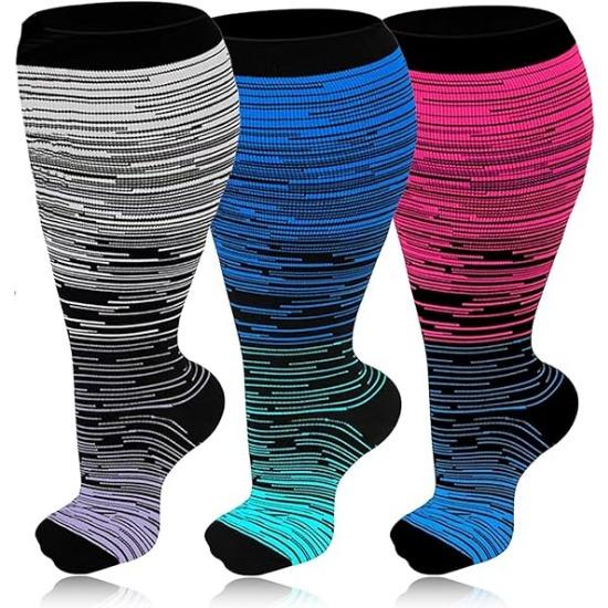 3 Pairs 2XL-7XL Plus Size Compression Men Socks 20-30 mmHg Wide Calf Extra Large Knee High Flight Socks for Circulation Support