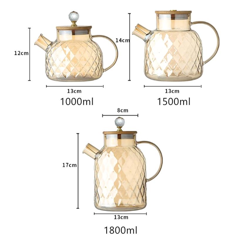 Glass Tea Kettle With Bamboo Lid And Removable Filter Spout Champagne Teapot For Loose Leaf Blooming Tea And Fruit Tea 1/15/1.8L