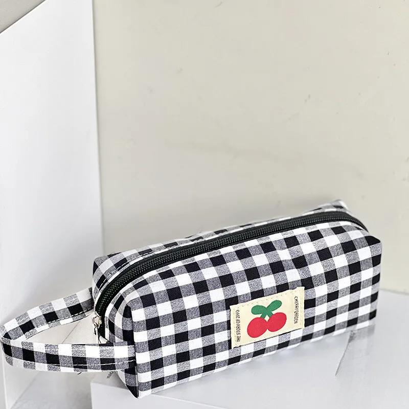 Checkboard Embroidery Pencil Bag Portable Stationery Bag High Capacity Kawaii Pens Women Girls Makeup Bags School Supplies