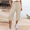 Summer Women's Wide Legged Pants Cotton Linen Seven Pants High Waist Pocket Casual Wide Legged Pants