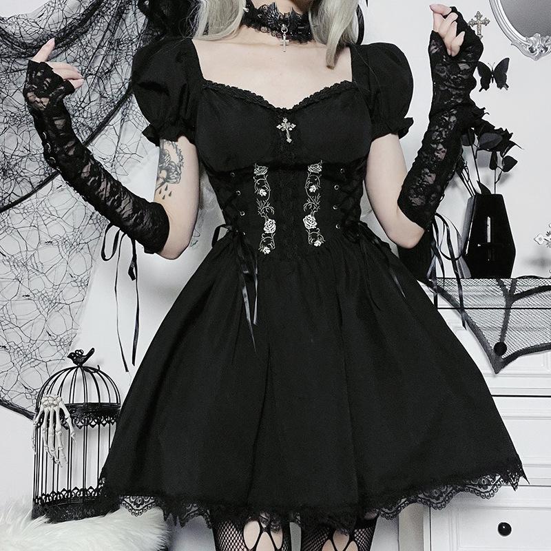 AltGoth Vintage Gothic Princess Dress Women Dark Harajuku Lace Up Cross Corset Dress Streetwear Partywear Lolita Dress Female