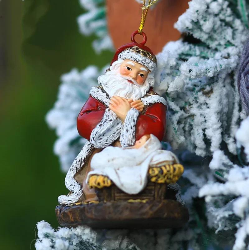 Christmas Series Hanging Ornaments Resin Hugging Santa Claus Figurines Mini Santa Pendant Xmas Tree Home Party Decor Supplies