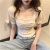 Summer New Fashion Simple Square Neck Design Feeling Short Sleeve Knitted T-shirt Women Solid Ruffles Backless Loose Short Tops