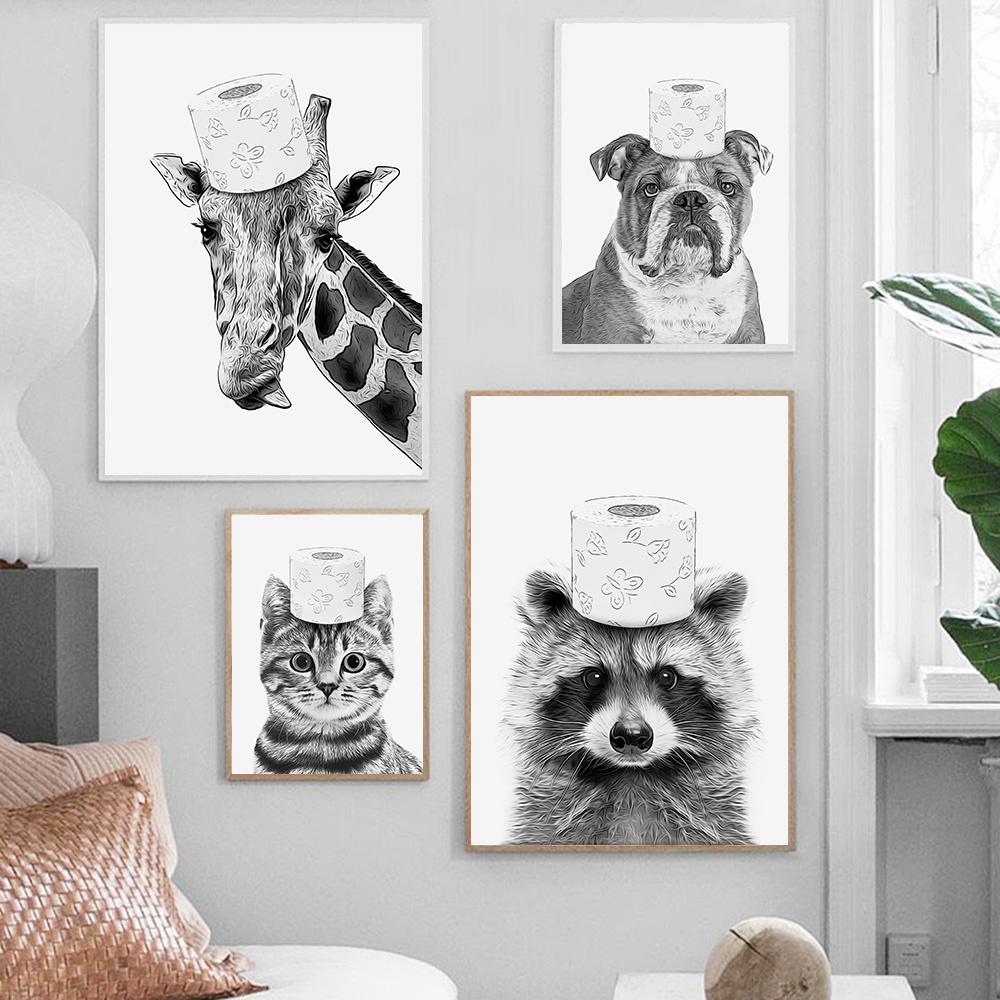 Bathroom Bunny Cat Dog Roll Paper Wall Art Canvas Painting Kids Room Decor Toilet Animal Poster Print Fashion Black White Murals