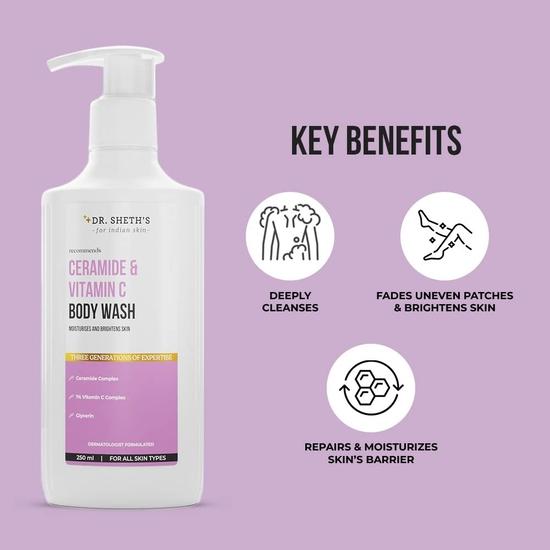 Dr. Sheth's Ceramide & Vitamin C Brightening Body Wash | Hydrating & Refreshing Shower Gel | With Glycerin | Deeply Cleanses | Unisex | 250 mL