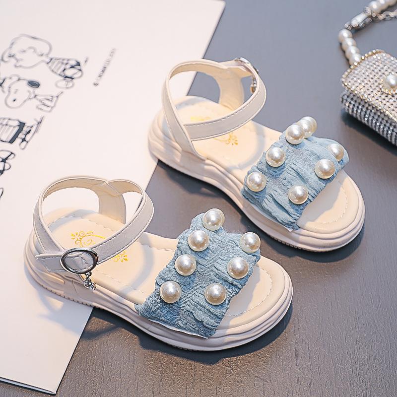 Girls Thick Soled Sandals Kids Summer Pearl Shoes Elegant Party Princess Open-toe Flats Casual Fashion Children's Beach Sandals