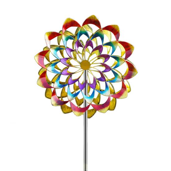 Colorful Flower Wind Spinner with Stake Weather-proof Outdoor Garden Yard Lawn Metal Rotary Windmill Ground Spike Decoration