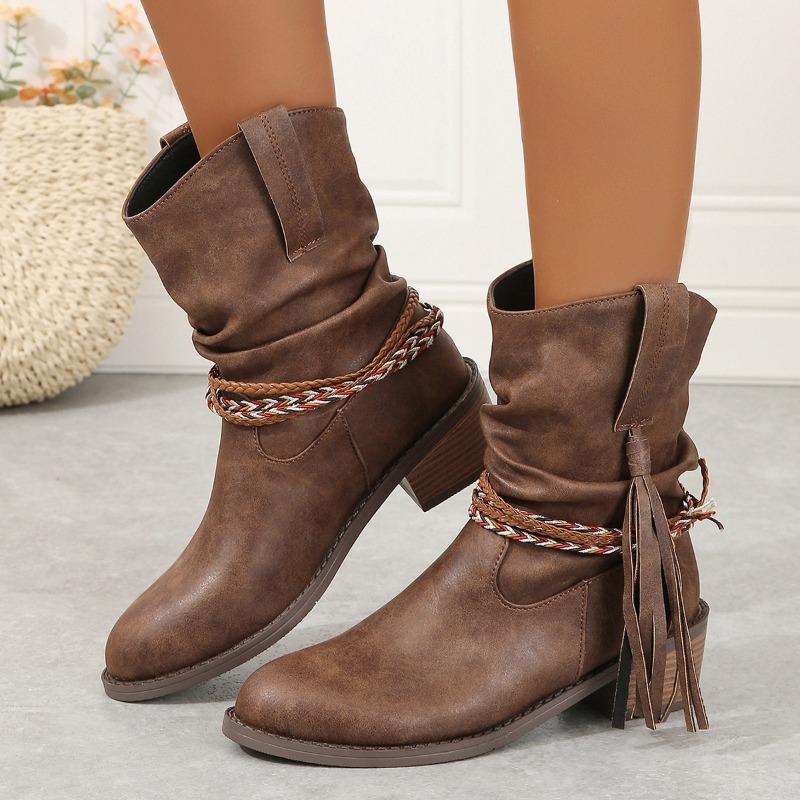 AJGS Women's Fashion New Pleated Tassel Mid-calf Boots Women's Pointed Toe Thick Heel New Short Boots Slip-on Fashion Boots