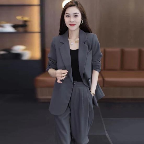 2 Pcs/Set Lady Formal Coat Pants Set Long Sleeves Double Buttons Cardigan
