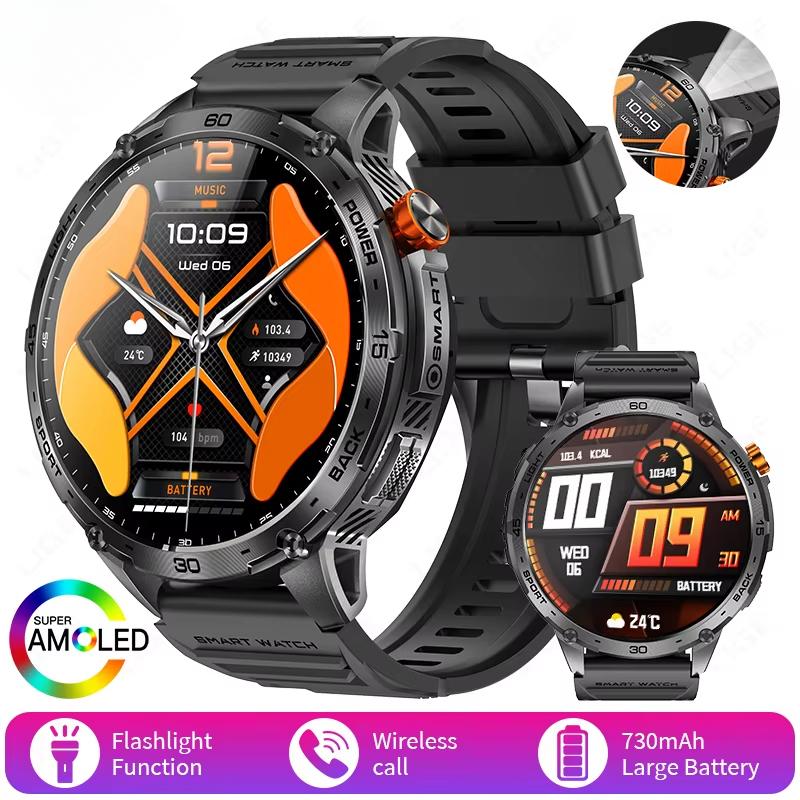 2025 New Military Smart Watch Men 730mAh Large Battery Flashlight AMOLED HD Display 3ATM Waterproof Outdoor Sports Smartwatch
