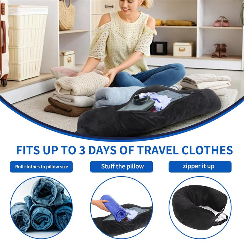 Travel Neck Pillow With Fillable Clothing U-Shaped Pillowcase Extra Storage Bag Velvet Neck Pillow Cover For Airplane Travel