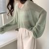 Long Sleeves Hollow Out Sweater Irregular Thin Design Women's Sun Protection Knitted Top V Neck Long Sleeves Loose and Lazy