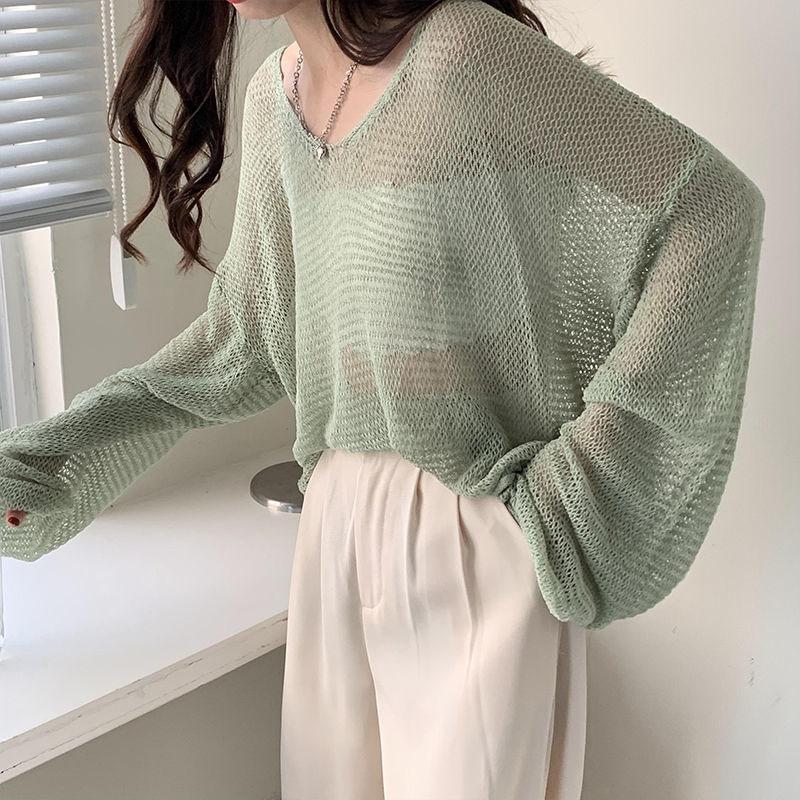 Long Sleeves Hollow Out Sweater Irregular Thin Design Women's Sun Protection Knitted Top V Neck Long Sleeves Loose and Lazy