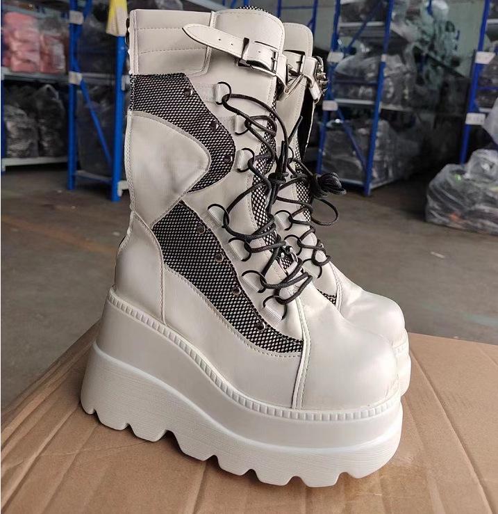 Женские рыцарские сапоги на танкетке в стиле панк 2022 года — большой размер, европейский/американский, толстая подошва, до середины икры.