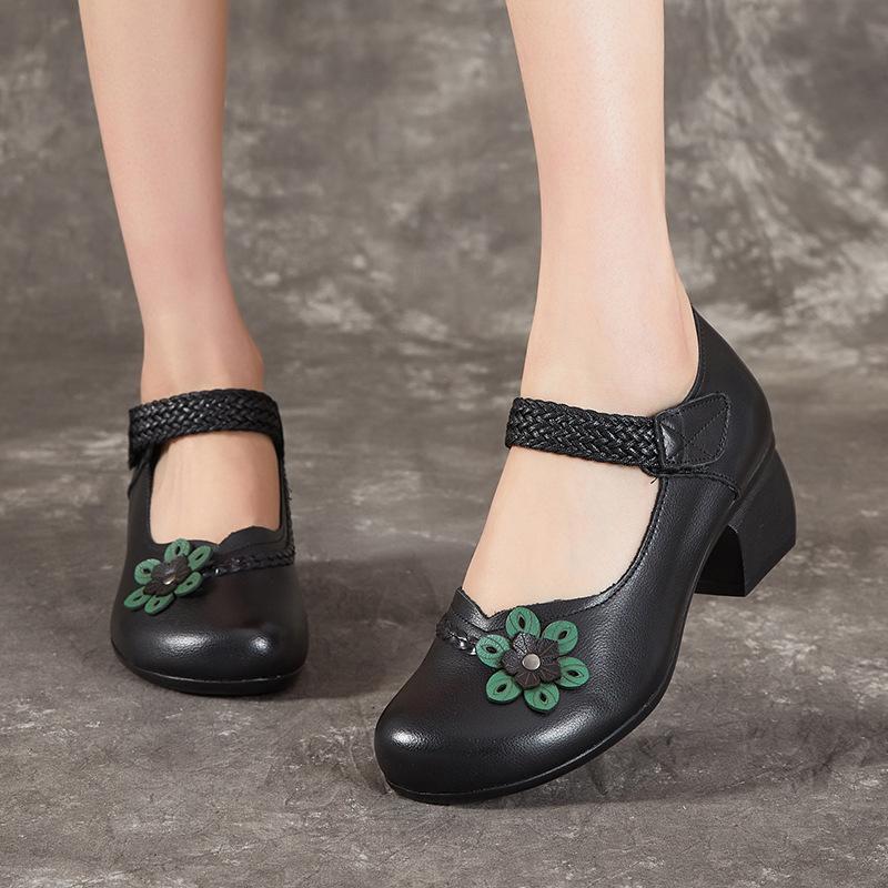 Ethnic Women's Shoes Chunky Heel Single Shoes Head Cowhide Soft Bottom Leather Shoes