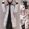Women Winter Cotton Coat Thickened Padded Stuffed Hooded Mid Length Windproof Warm Zipper Pockets Zip Up Long Sleeve Solid Color Slim Fit Lady