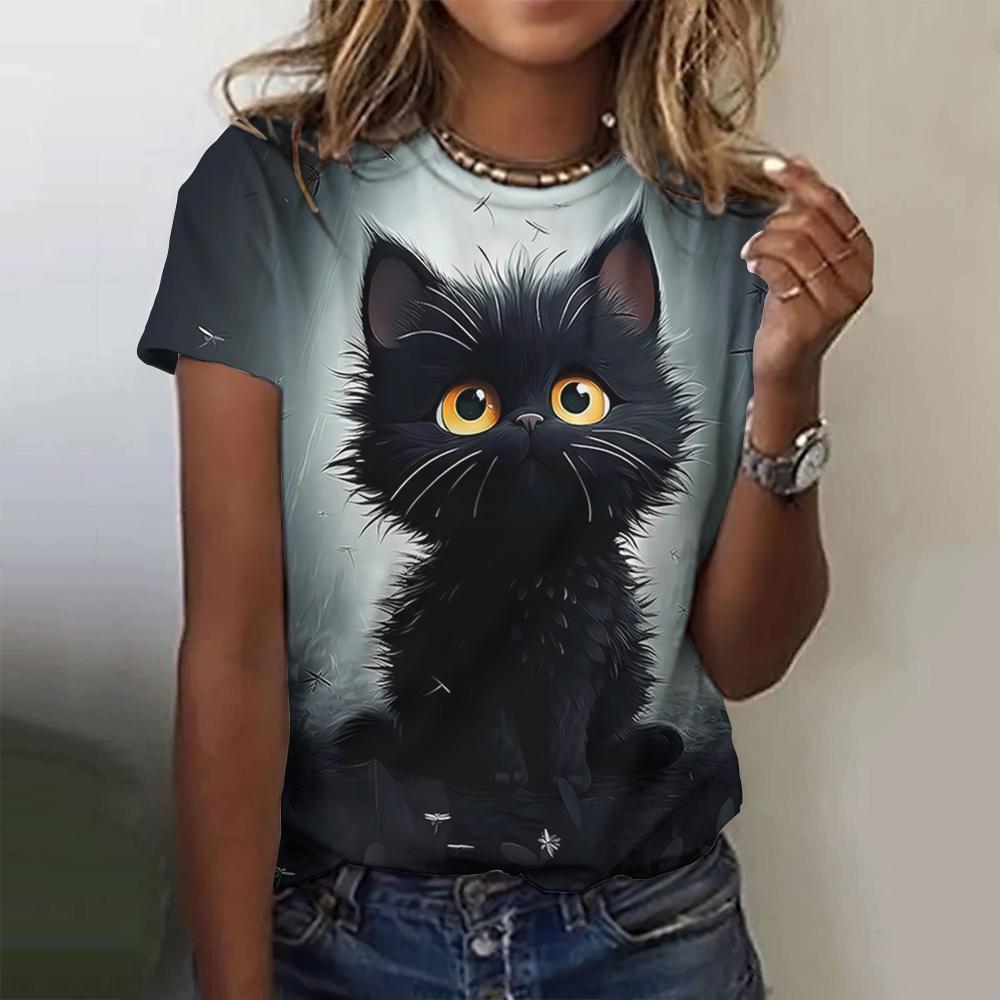 Lovely Cat Print Women O-Neck T-Shirts Kawaii Style Pullover Loose Short Sleeves Oversized Tee Shirt Summer Female Clothing 2024 EMA