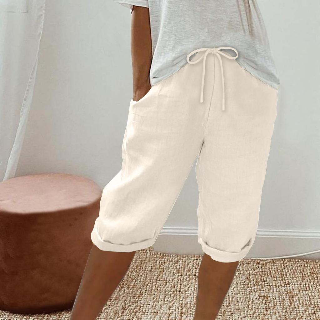 Womens Linen Shorts High Waisted Casual Shorts Drawstring Shorts With Pockets