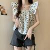 Summer New Loose Print Floral Casual Blouses Women Slim Fit Square Collar Flying Sleeve Women's Shirts Tops Elegant Vintage Female Clothing 26129
