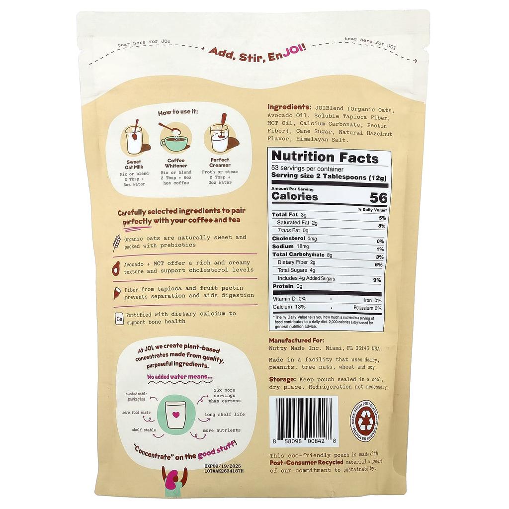 JOI Oat Milk Creamer, Hazelnut, 644g (1.42lb)