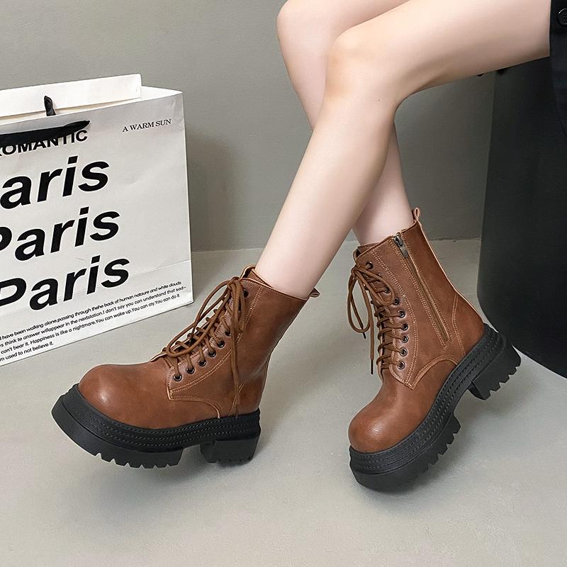 Vintage Platform Thick Bottom Women Motorcycle Boots Fashion Autumn Winter Female Height Increase Short Booties