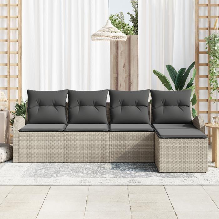 VidaXL Ensemble de 5 pièces de canapé de jardin avec coussins gris clair en poly rotin 3346002