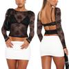 Women´s Summer Sheer Crop Tops Long Sleeve Open Back Lace Floral Slim Going Out Tops