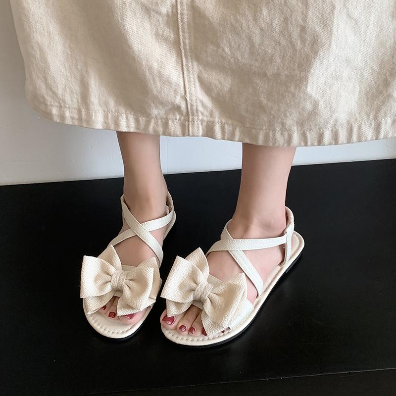 Fashion 2025 Hot Sale Open Toe Women's Sandals Summer Bow Tie Elastic Band Flat with Sandals for Plus Size Daily Beach Casual Shoes