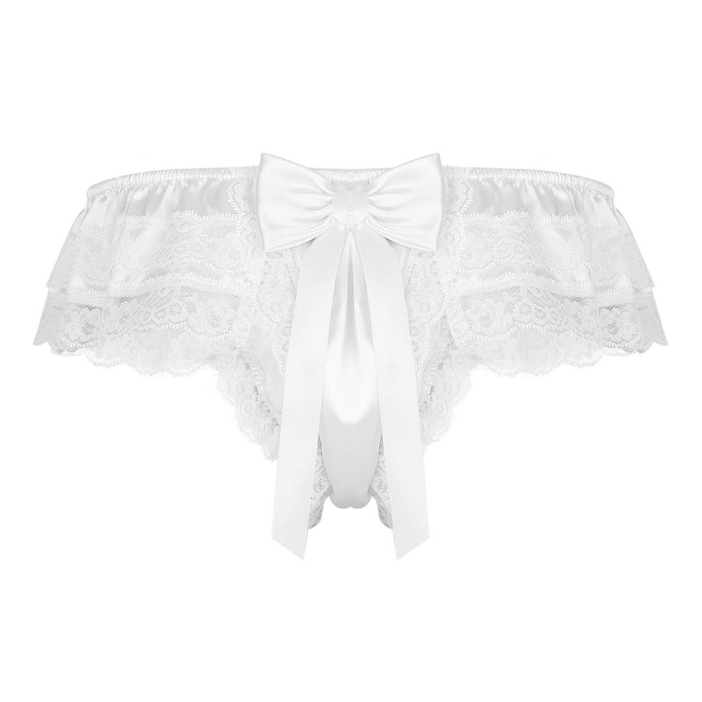 Men's Sissy Frilly Ruffled Lace Trim Crossdress Underwear G-String Thongs Briefs Panties