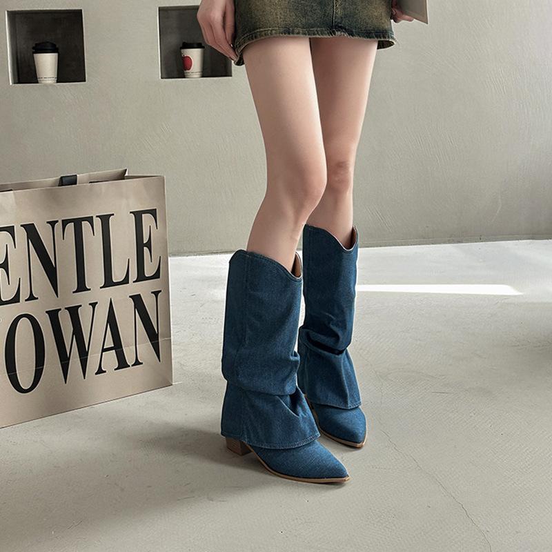 European and American Fashion Temperament Pointed Niche Western Cowboy Boots Women's 2025 New Summer Fringed Pants Tube Boots Thick Heel