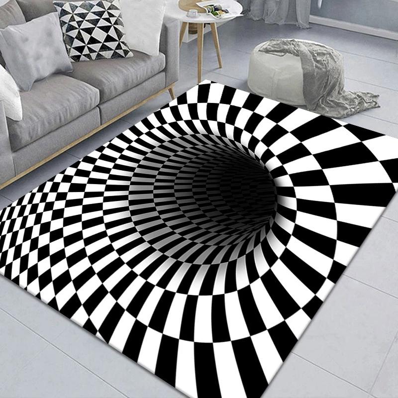Trap Effect Vortex Illusion Rug Bottomless Hole Carpet Geometric Black White Grid Bedroom Living Room Anti Slip Floor Mats