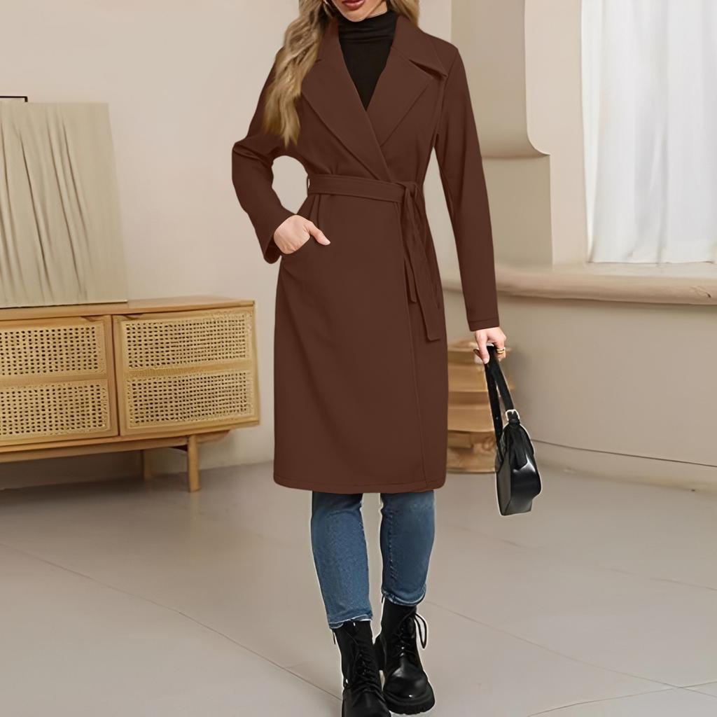 Women's Casual Fashion Solid Color Long-sleeved V-neck Tie Long Woolen Coat