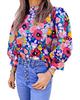 Azura Exchange Blue Mock Neck Bubble Sleeve Floral Print Blouse