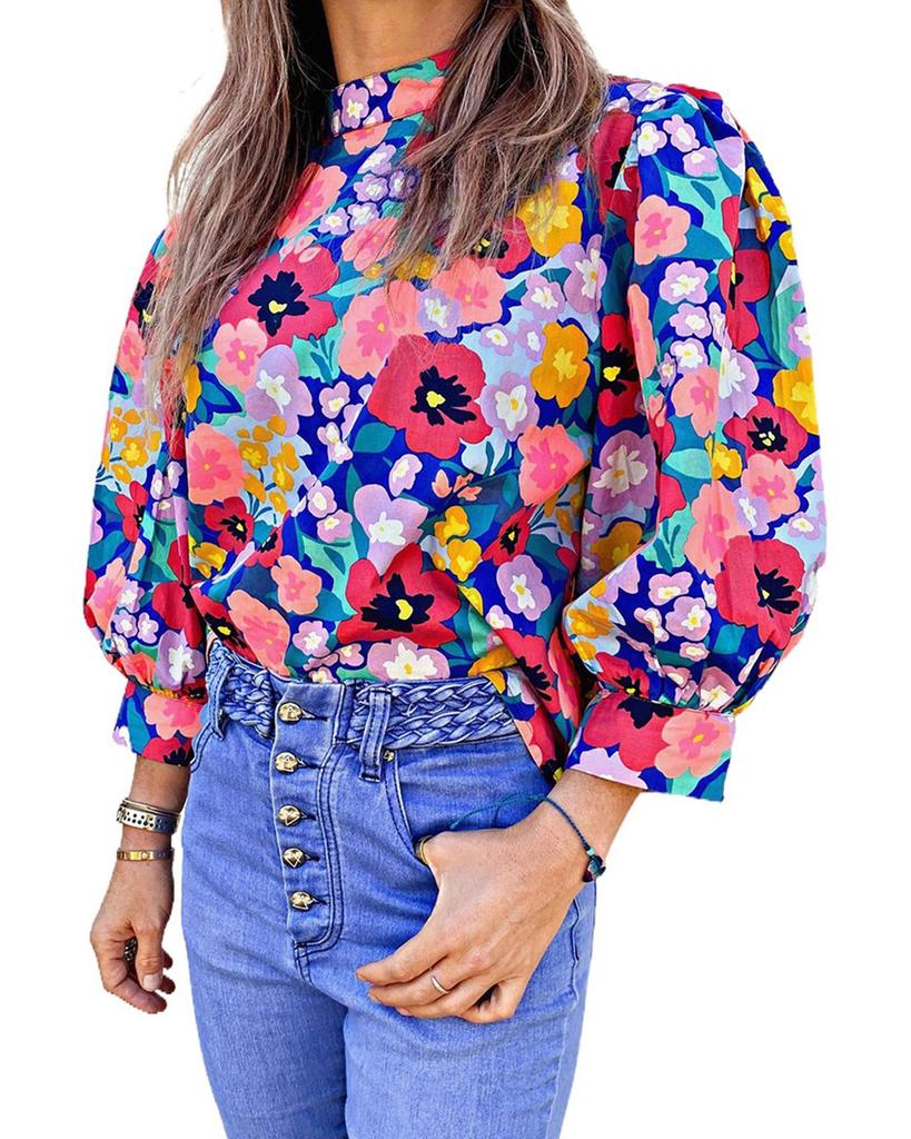 Azura Exchange Blue Mock Neck Bubble Sleeve Floral Print Blouse
