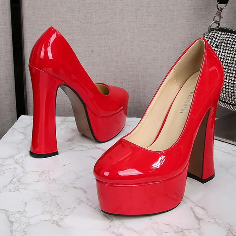 Women's Chunky High Heels Round Toe Pumps 14cm Heel 4cm Platform WZ