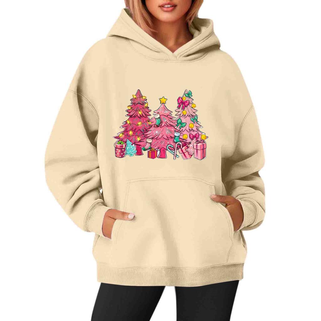 Women's Sweatshirts O-neck Long Sleeve Christmas Printed Top Solid Color Hoodie