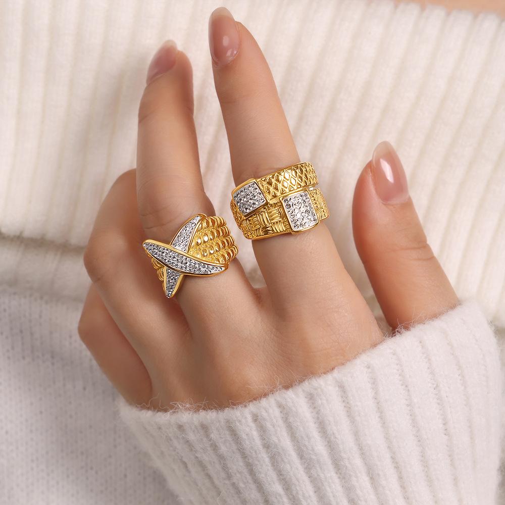 Light Luxury Geometric Diamond-encrusted Ring Wide Version Couple with The Same Titanium Steel Multi-texture Ring Jewelry
