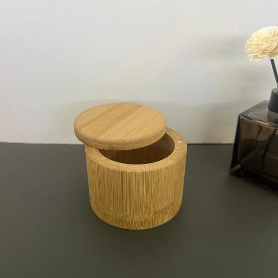 Bamboo Seasoning Storage Box with Magnetic Swivel Lid Wooden Salt Cellar Pepper Sugar Spice Holder Round Container Bowl Kitchen Gadgets