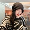 Drawstring Knitted Hat for Women In Autumn and Winter Curled Solid Color Pile Hat Pullover Cold Hat Showing Face Small Confinement Hat