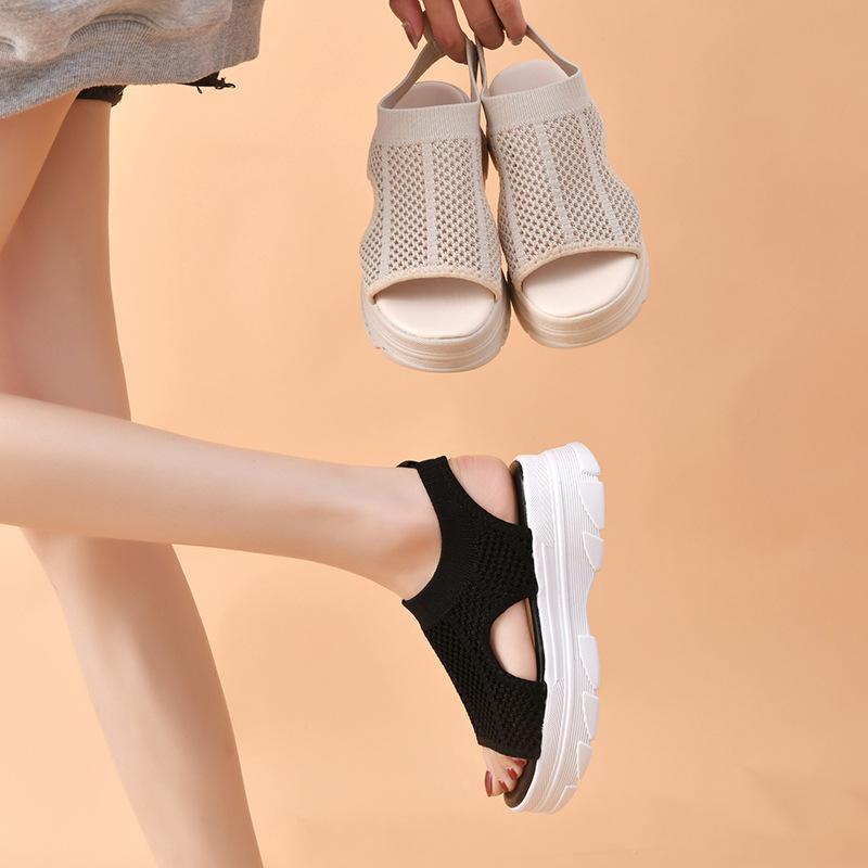 2025 Summer New Sports Sandals Women's Korean Version Breathable Thick-soled Sandals Hollow Elastic Mesh Fly-woven Socks Shoes
