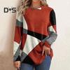 Women Geometric Patchwork Color Tops O Neck Long Sleeve Buttons Decor Casual Blouse Loose Fit Tunic Tops